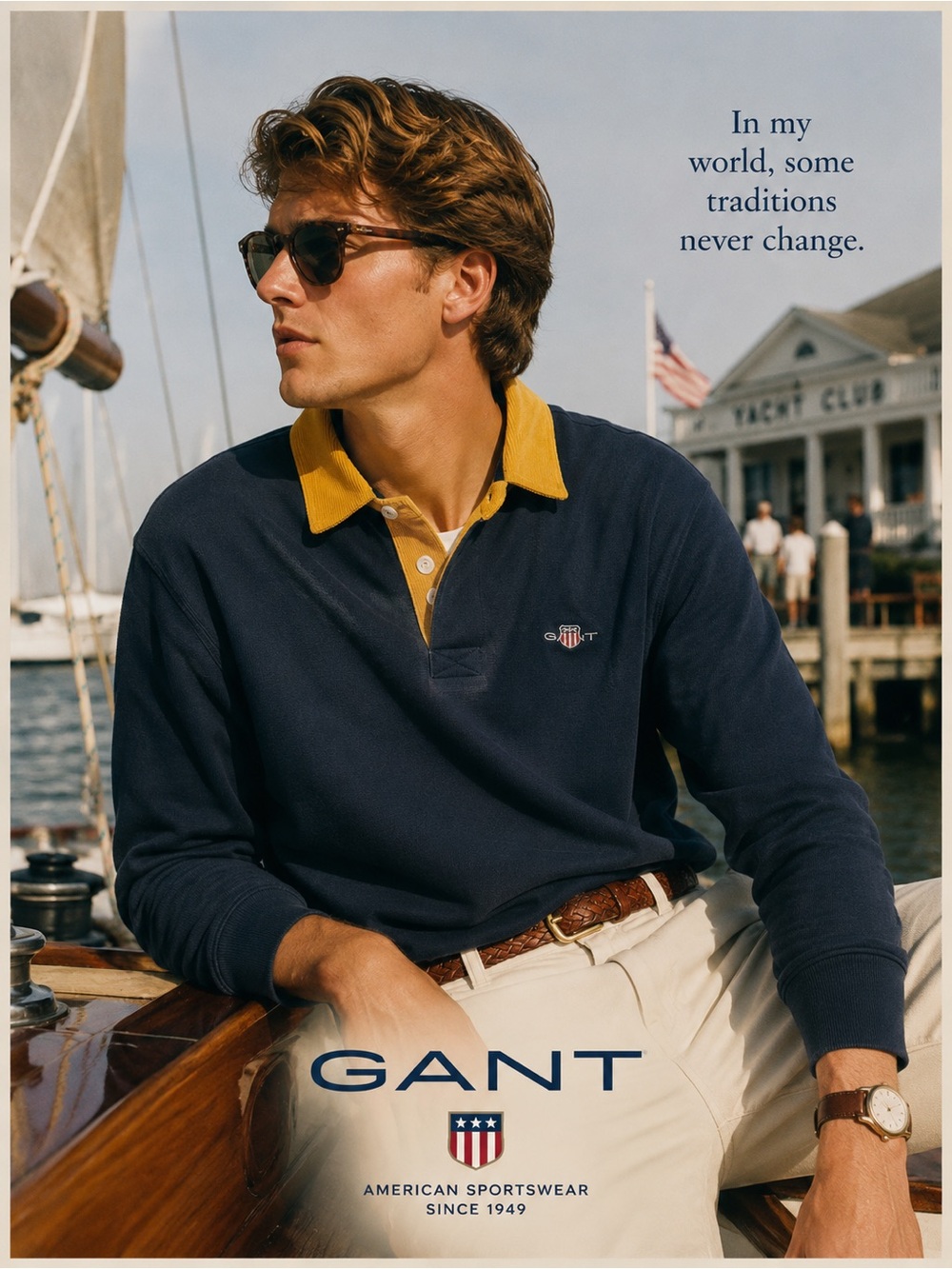Gant Navy Polo with Mustard Corduroy Collar